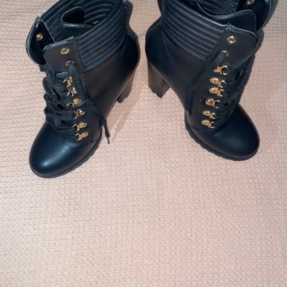 JustFab Black Lace-Up Heeled Boots with Gold Accents - Picture 7 of 8